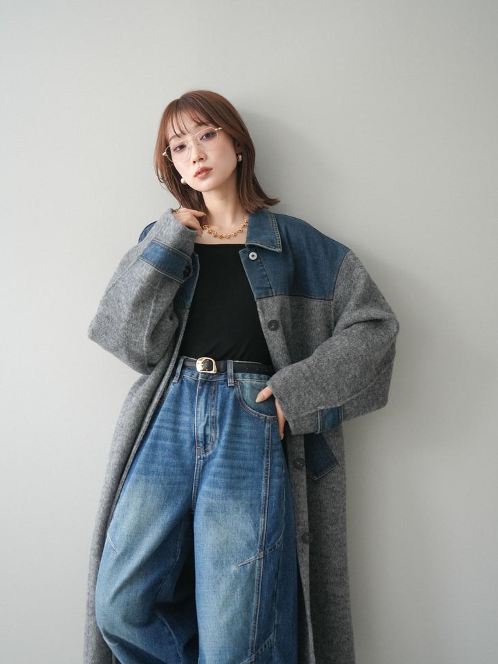 [予約]デニム切替シャギーステンカラーコート/gray