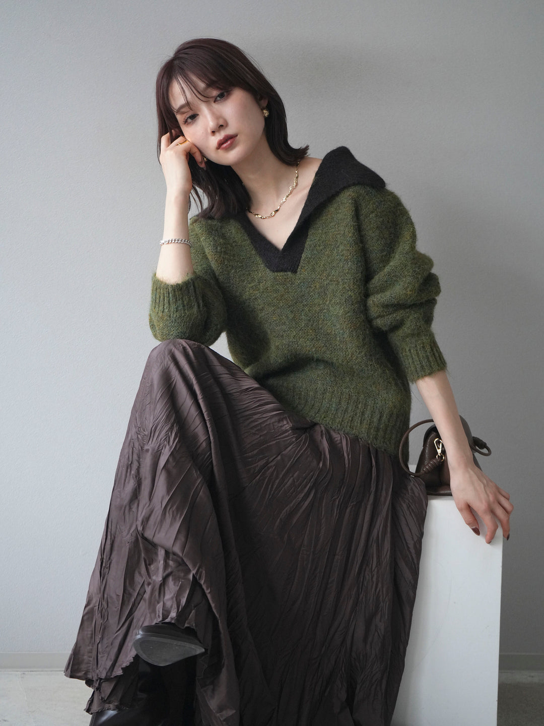 [予約]バイカラー襟付きニットプルオーバー/green