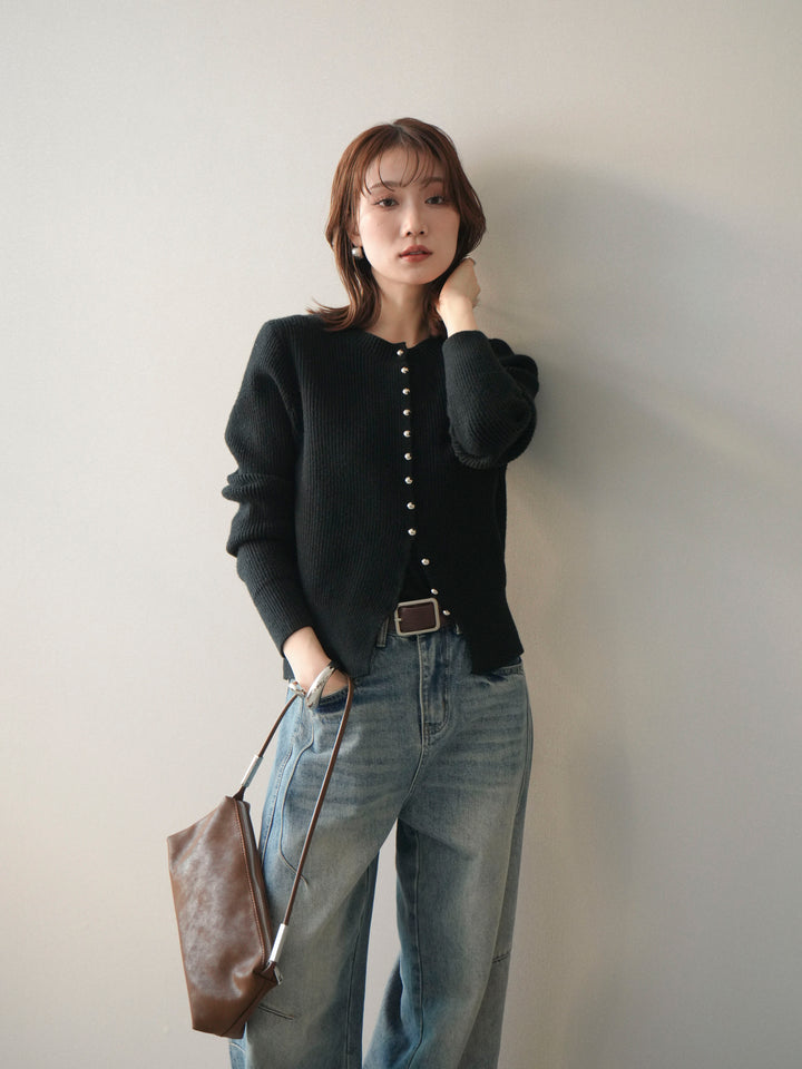 [SET]シルバーボタン畦編みニットカーディガン+ベルト付カーブデニムパンツ(2set)