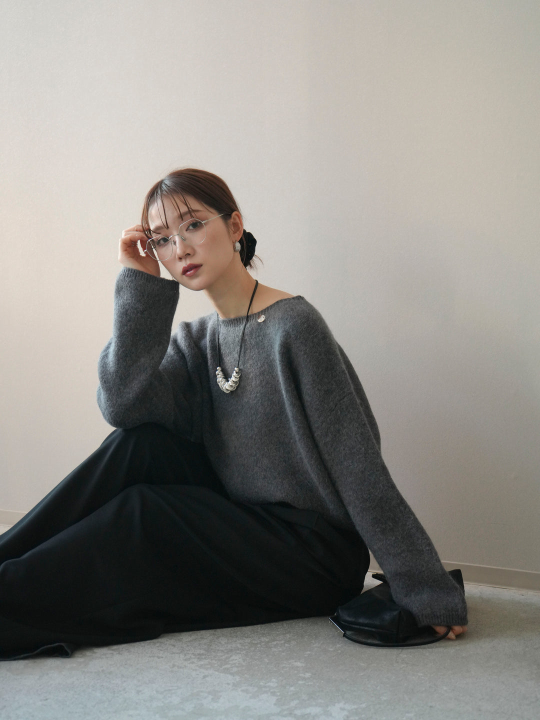 [SET]アンゴラタッチボートネッククロップドプルオーバー+選べるアクセセット(2set)