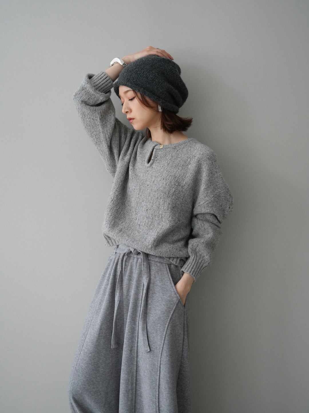 [予約]ツイストネックラメネップヤーンニットプルオーバー/gray