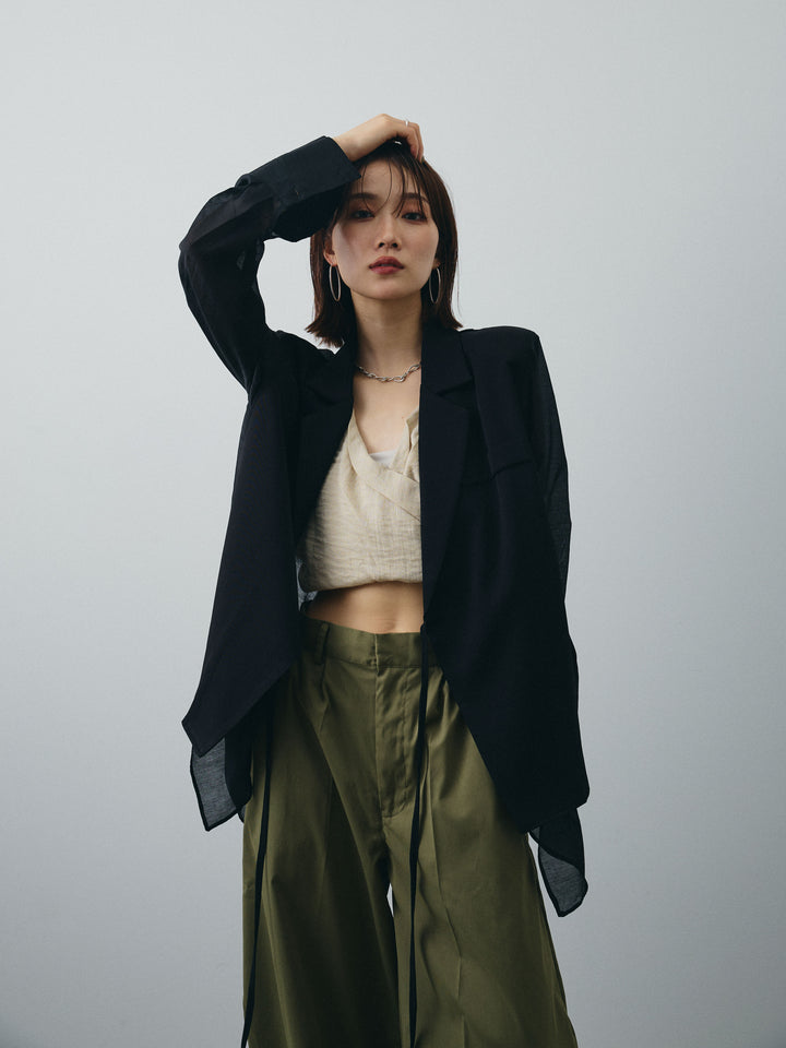 [SET]シアー切替テーラードジャケット+リネンライクカシュクールデザインビスチェ+コクーンワイドチノパンツ(3set)