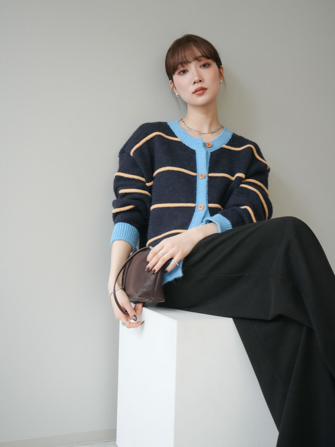 [予約]配色ボーダーニットカーディガン/navy