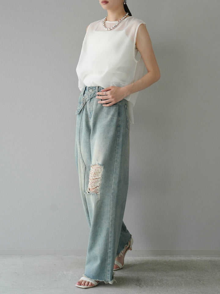 [SET] Organdy sleeveless top + belt asymmetrical damaged denim (2set)