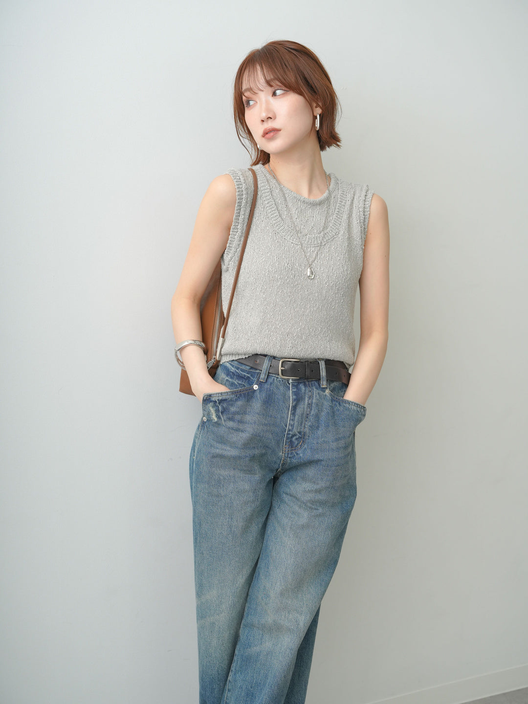 [予約]アウトリンキングノースリニットトップス/gray