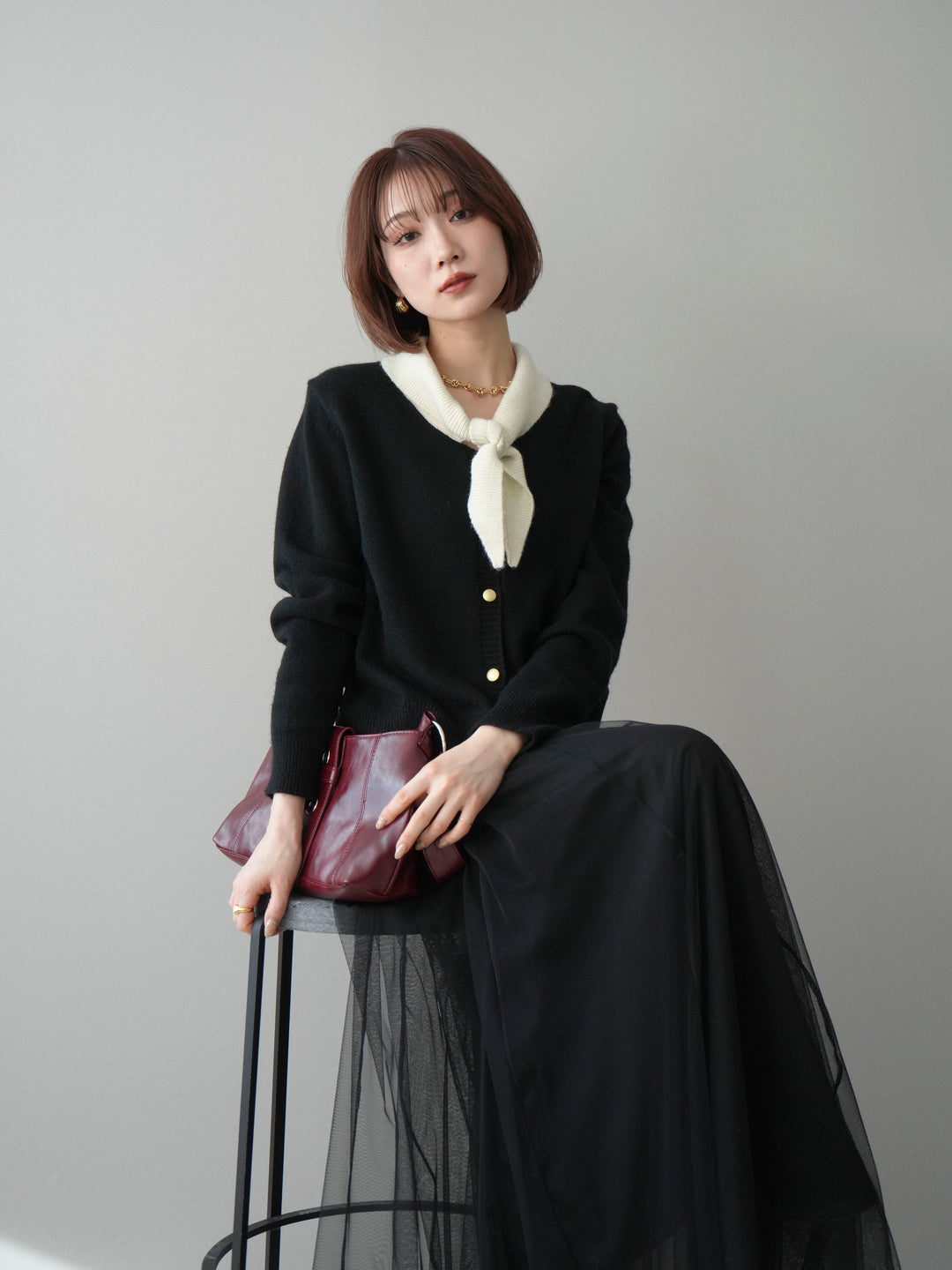 [SET]デザイン襟ニットカーディガン+チュールボリュームスカート(2set)