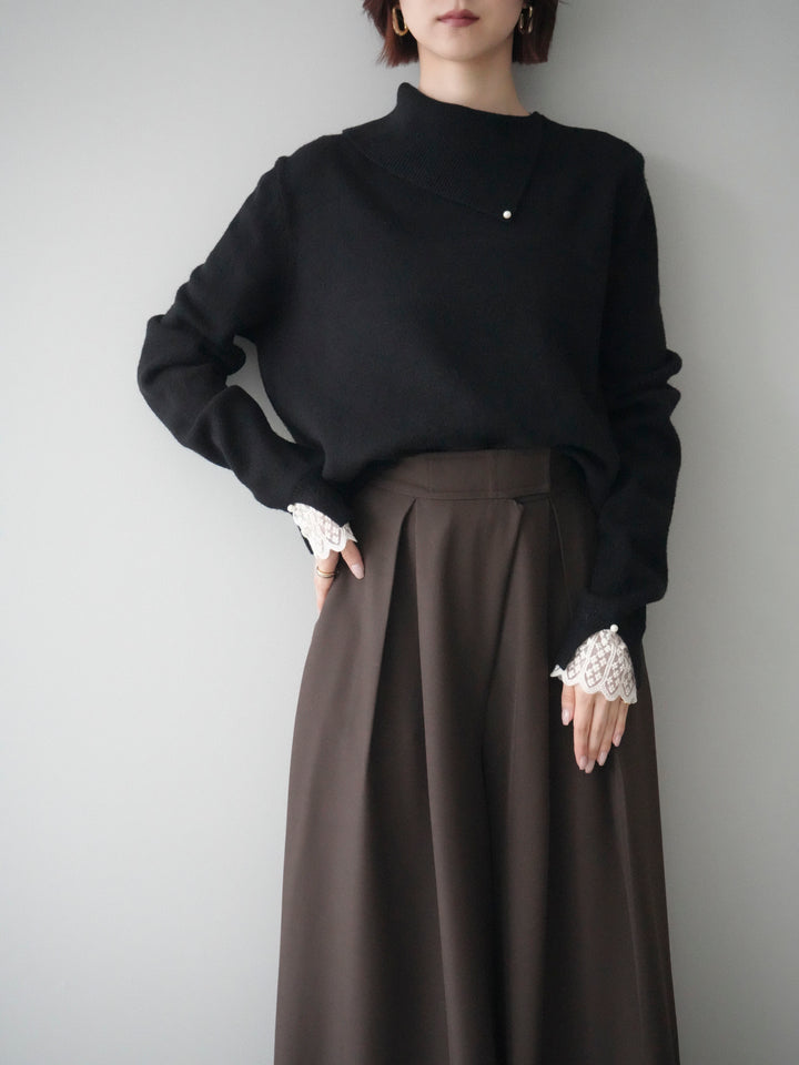 [SET]袖レースパール付き配色ニットトップス+テープベルトタックバギーパンツ(2set)