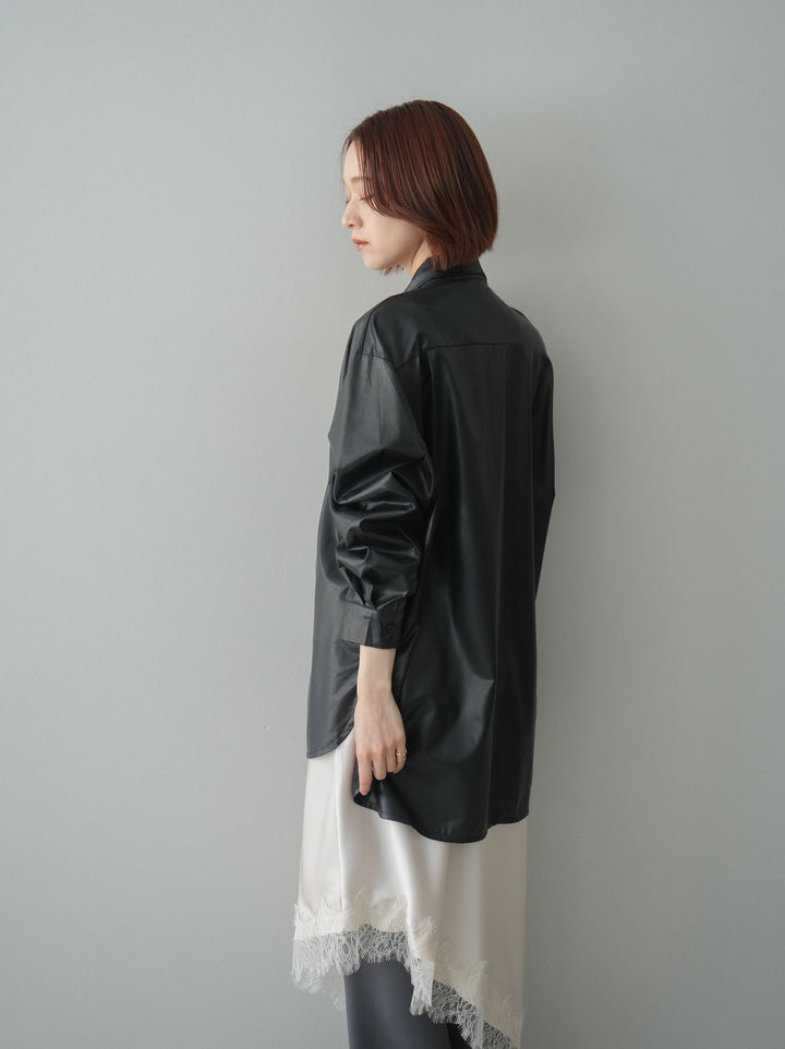 [SET]フェイクレザーボウタイブラウス+サテンライクアシメレーススカート(2set)