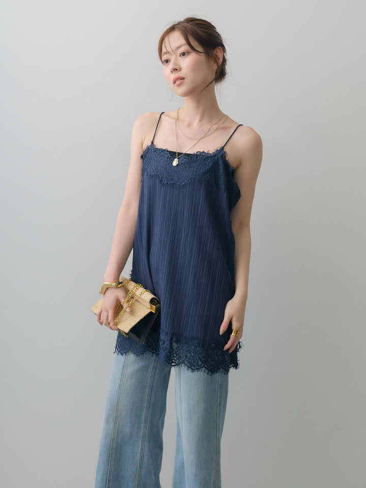 [予約]ワッシャーテクスチャーレーストリムキャミソール/navy