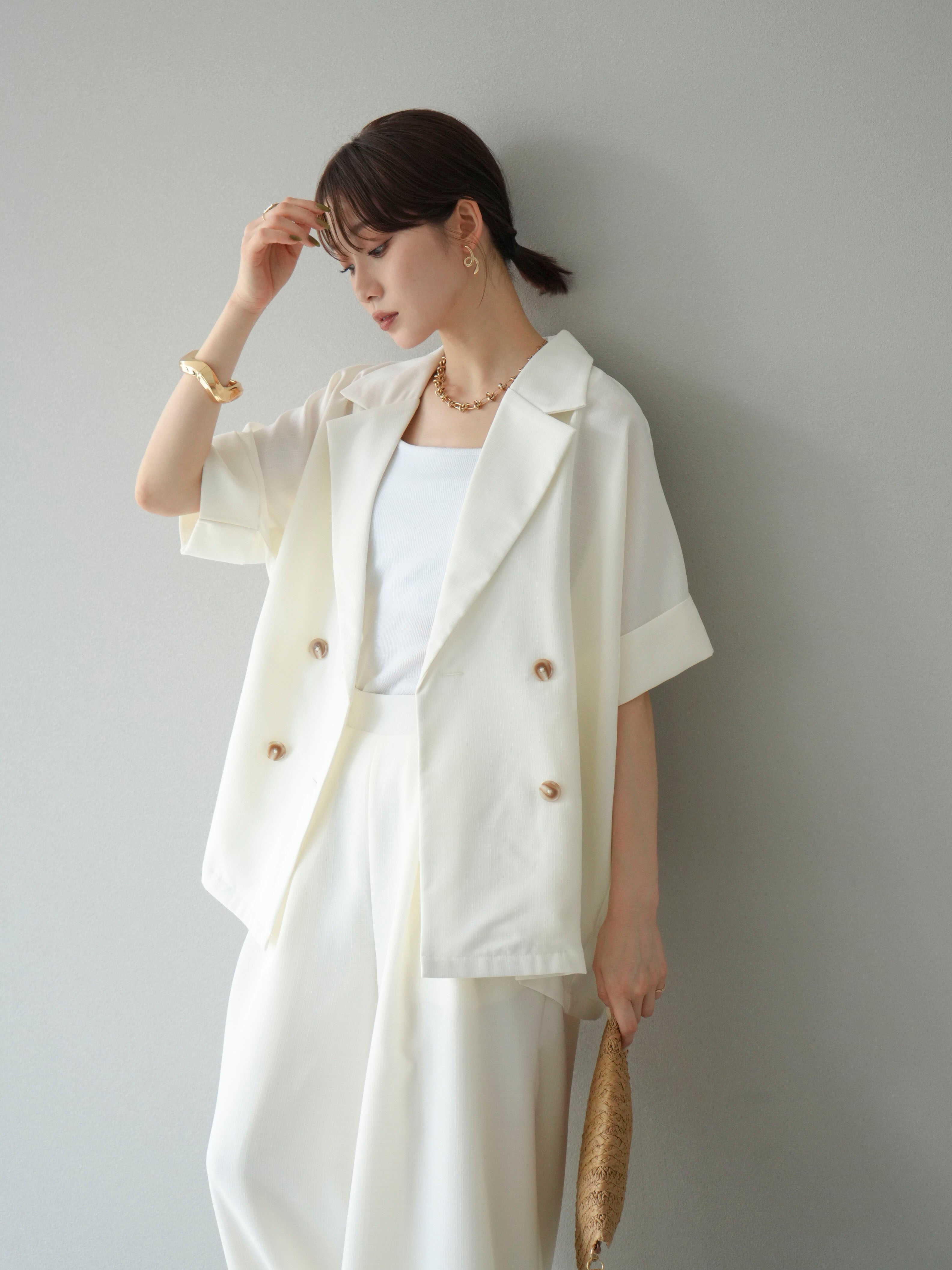 ★美品★ルネ リネン　ストライプ　テーラード　ジャケット　ホワイト SET]リネンライクハーフテーラードジャケット+リネンライクイージー