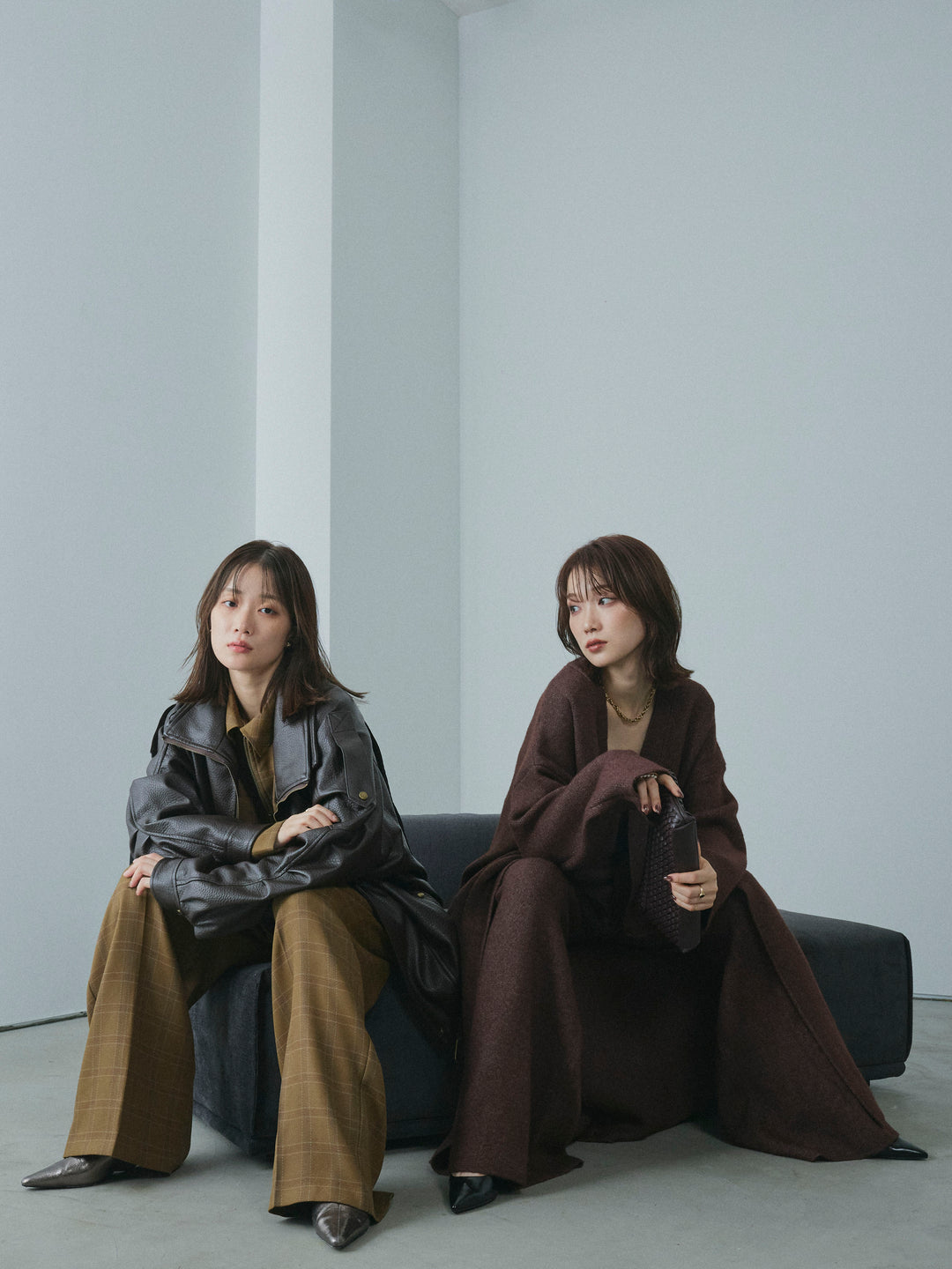 【Allure】[SET]スタンドカラーレザーブルゾン+杢チェックZIPシャツジャケット(2set)