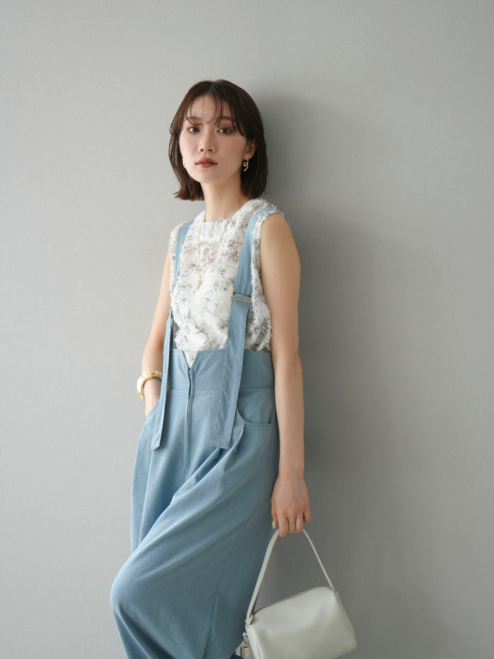 [SET]ストリングデザインハイウエストサロペット+ニュアンスフリンジジャガードノースリーブブラウス(2set)