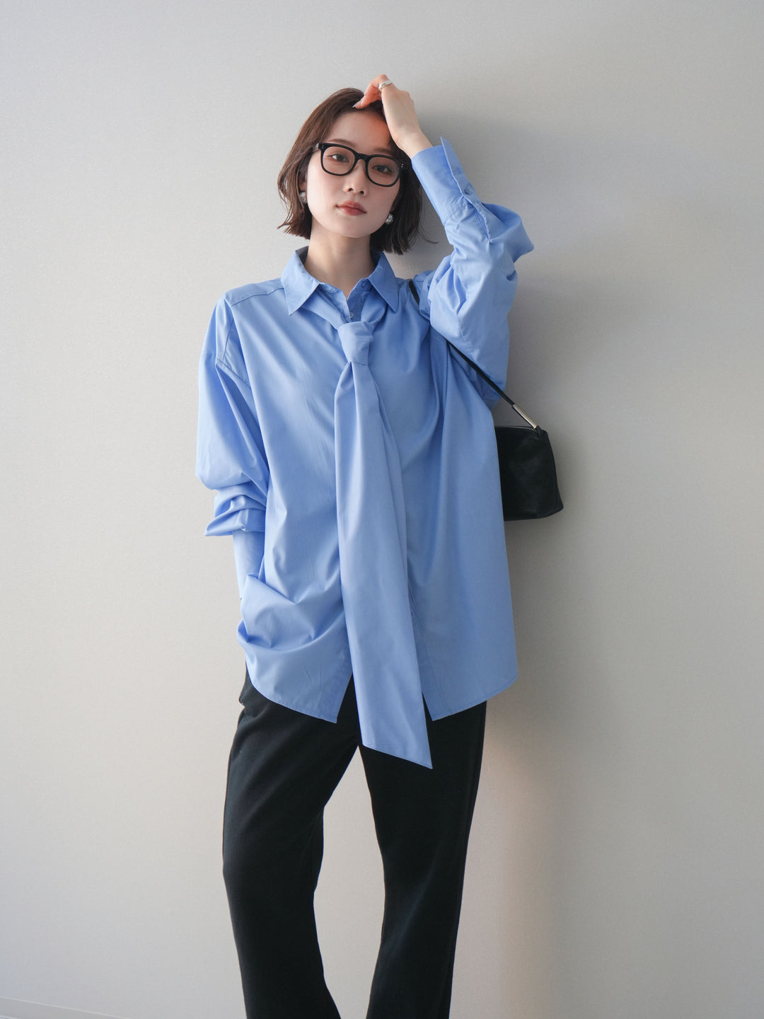 [予約]ボウタイ付オーバーシャツ/blue