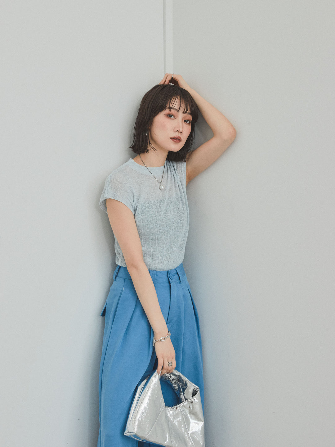 [SET] 法式袖透視針織上衣 + 亞麻觸感褶皺寬褲 (2set)