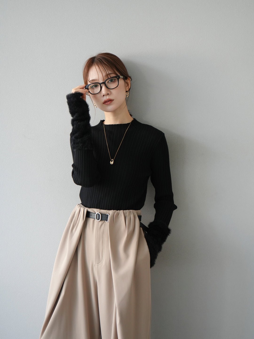 [予約]アームシャギーランダムリブニットトップス/ブラック