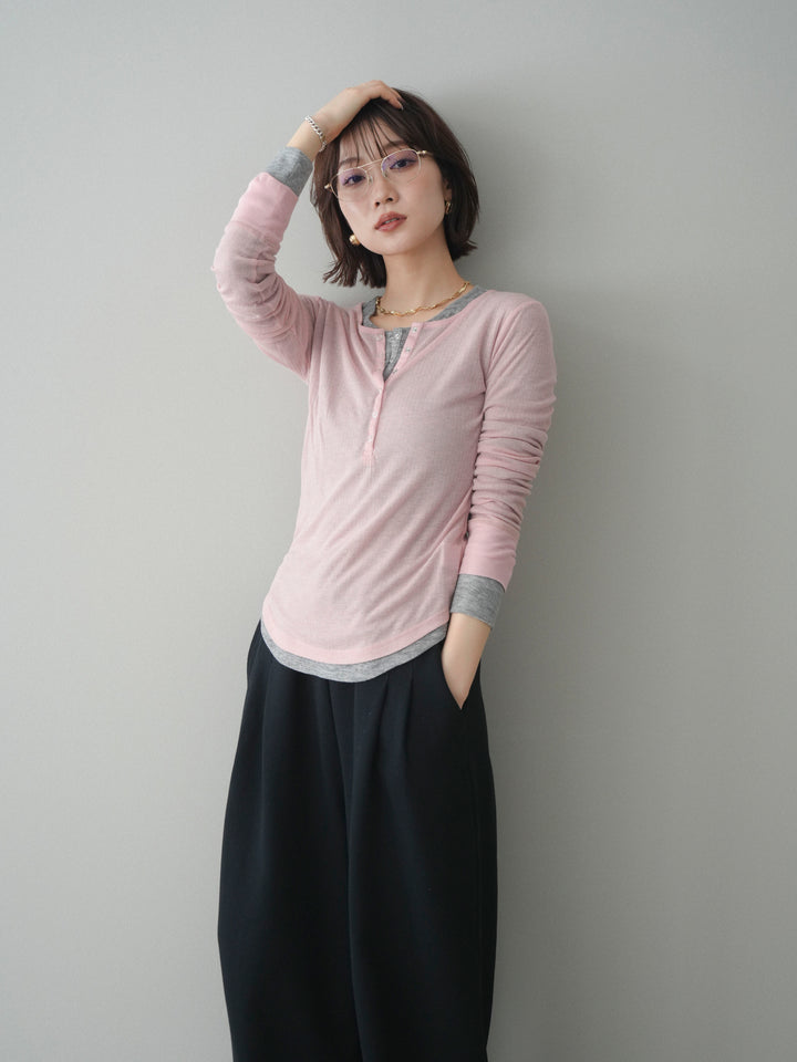 [予約]シアーリブヘンリーネックロンT/pink