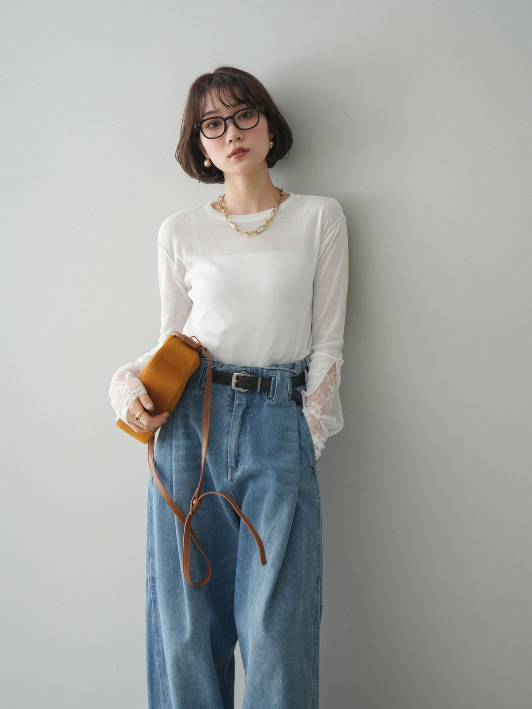 [予約]袖レースレイヤードデザインメロートップス/white