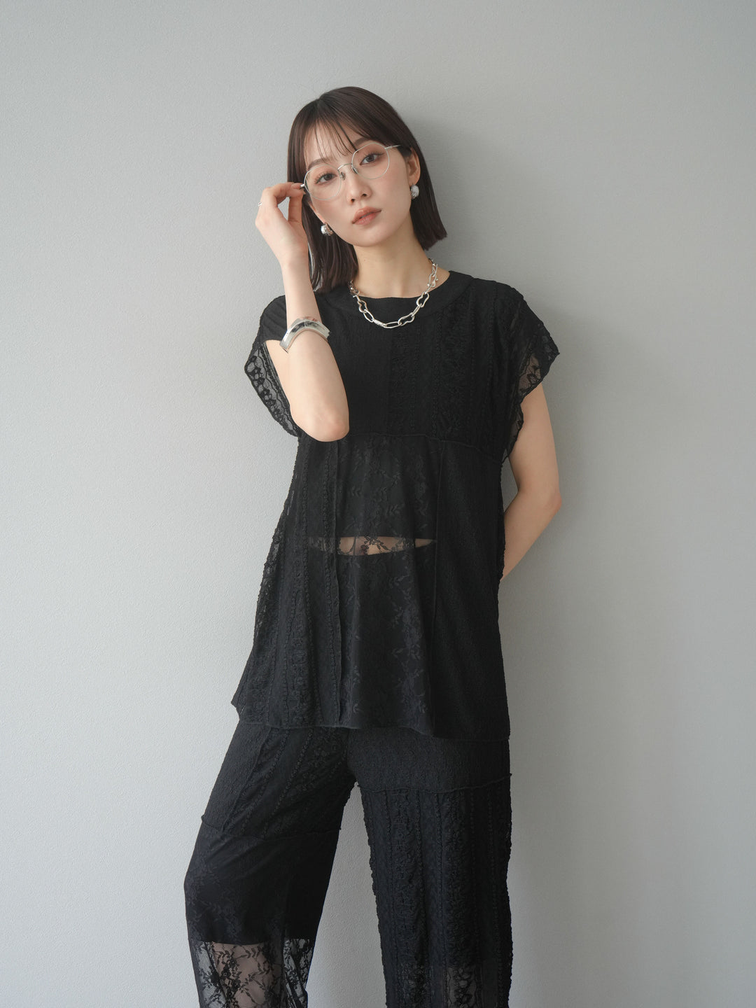 [予約]パッチワークレースフレンチプルオーバー/ブラック