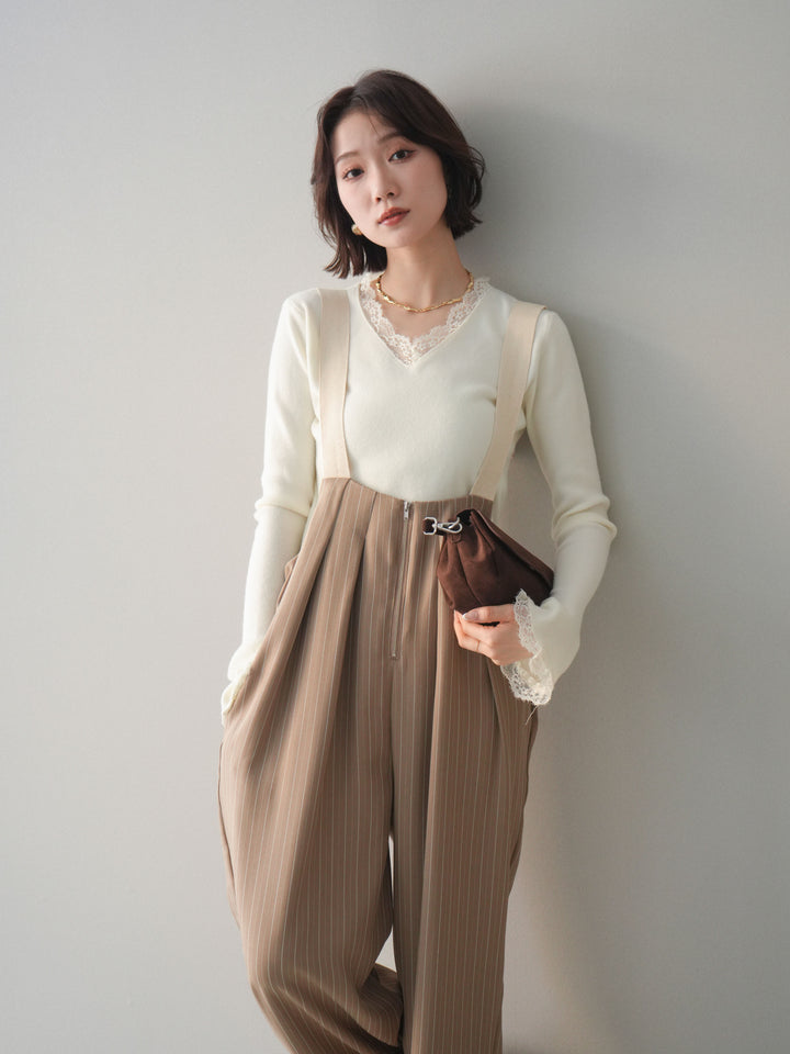 [予約]レースドッキングVネックニットトップス/white