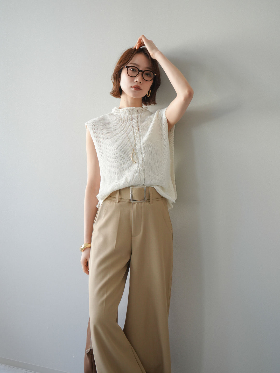 【套裝】開襟針織上衣+銀色搭扣垂褶闊腿褲（兩件套）