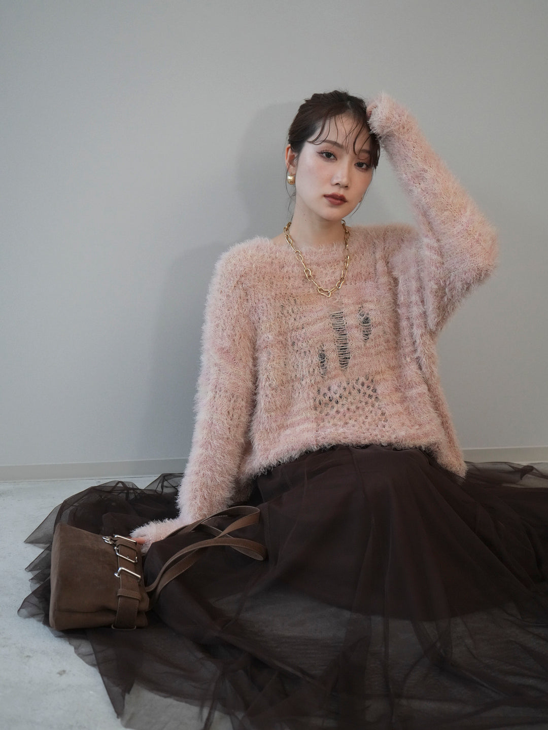 [予約]ミックスシャギールーズニットプルオーバー/pink