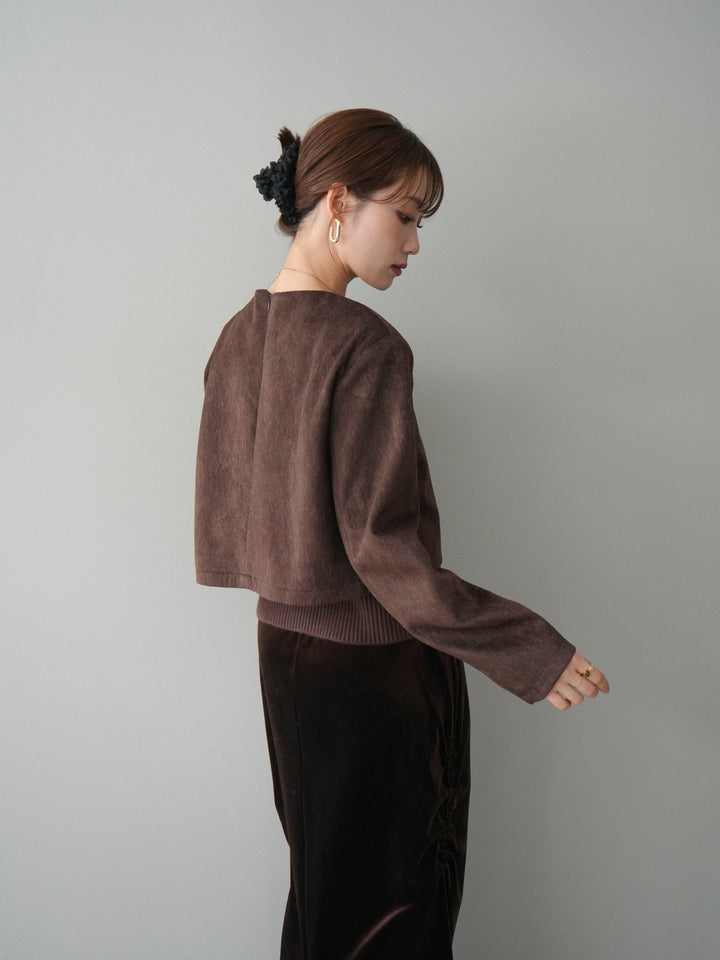 [予約]リブニットレイヤードスエードプルオーバー/brown