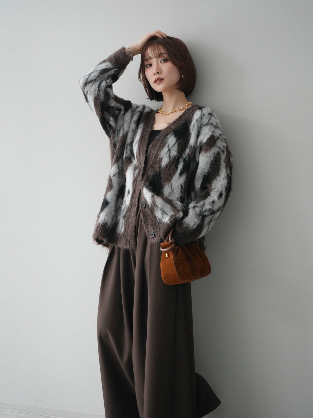 [予約]アーガイル柄シャギーニットカーディガン/brown