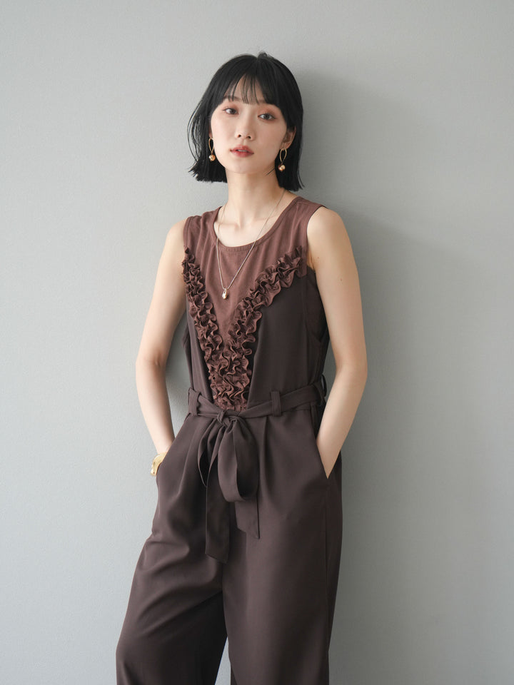 [預購] 荷葉邊設計連身褲/棕色
