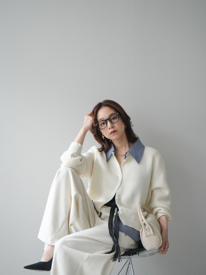 [SET]チェックシャツ襟ニットカーディガン+編み込みベルト付きウエスト配色スエットパンツ(2set)