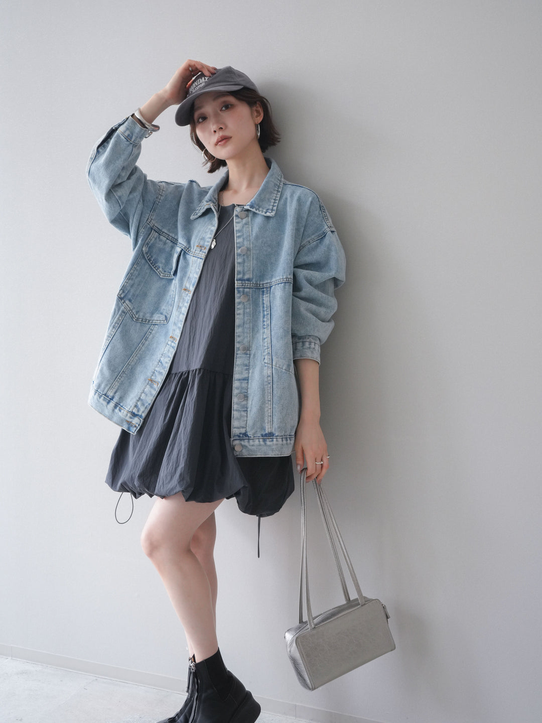 [予約]ドロストバルーンミニワンピース/charcoal