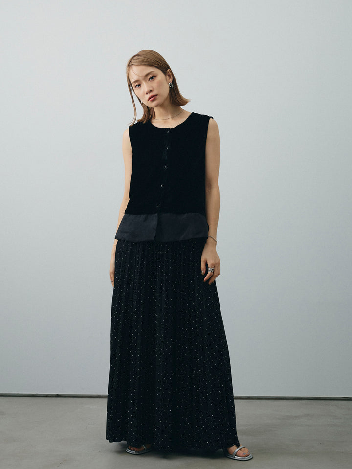 [SET]裾チュールベロアノースリーブプルオーバー+ラインストーンプリーツスカート(2set)