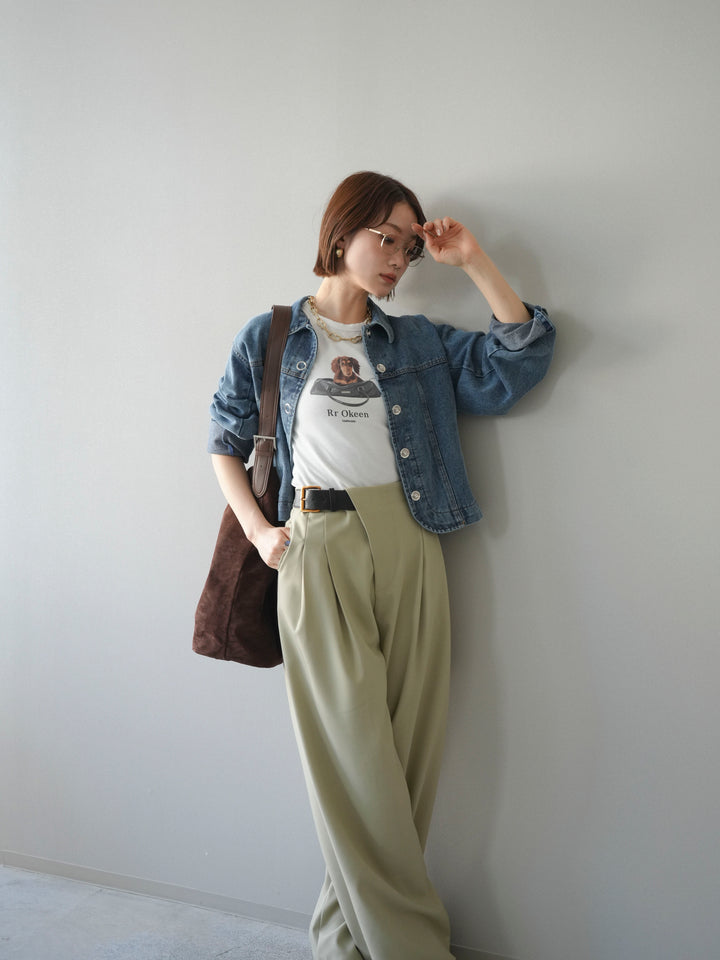 [SET]ラウンドカットコンパクトデニムジャケット+ドッグコンパクトTEE+アシンメトリーベルトタックワイドパンツ(3set)