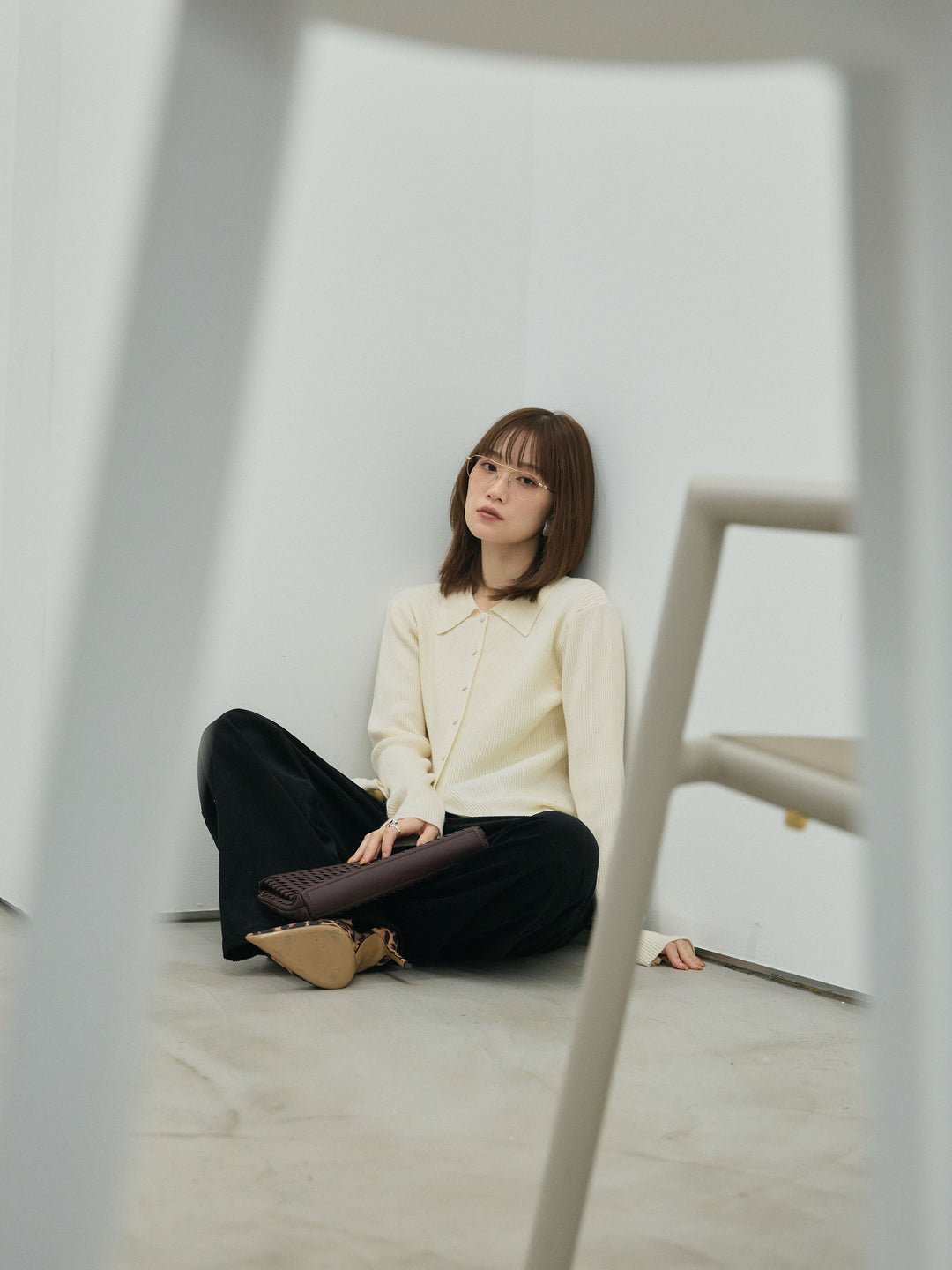 【Allure】[SET]くるみボタンポロリブニットトップス+くるみボタンポロリブニットトップス(2set)