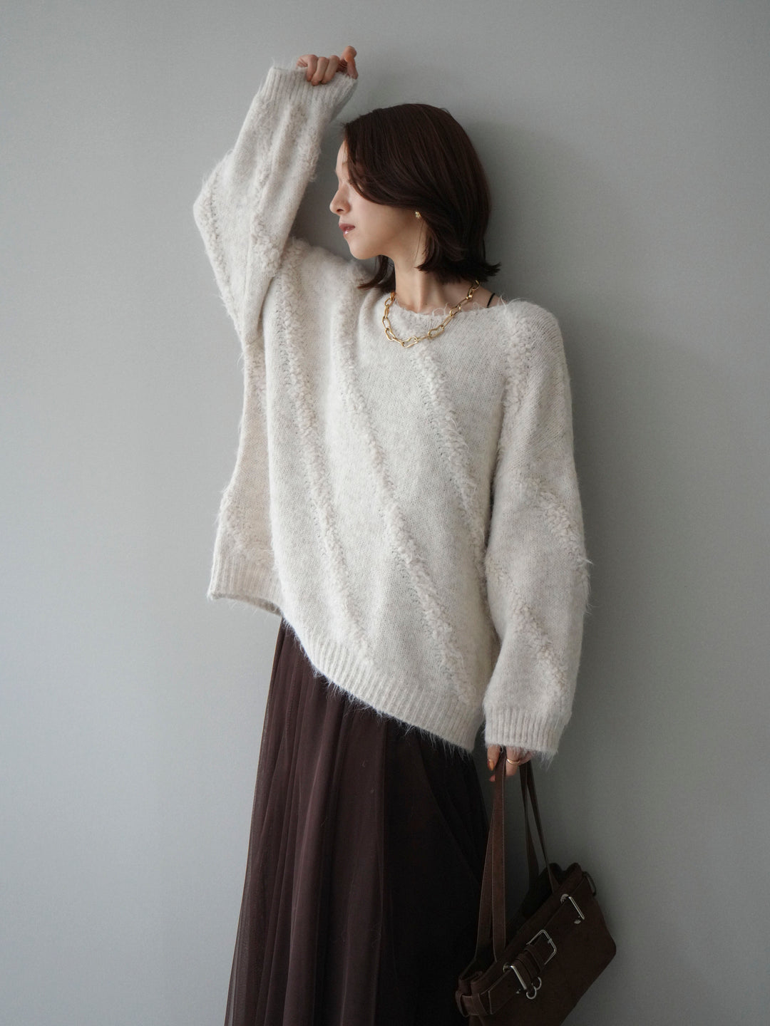 [予約]ブークレラインデザインニットプルオーバー/ivory
