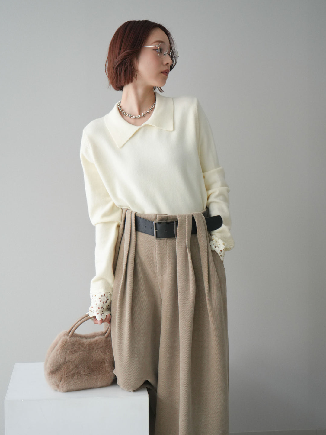 [SET]スカラップレース袖襟付きニットトップス+選べるアクセセット(2set)