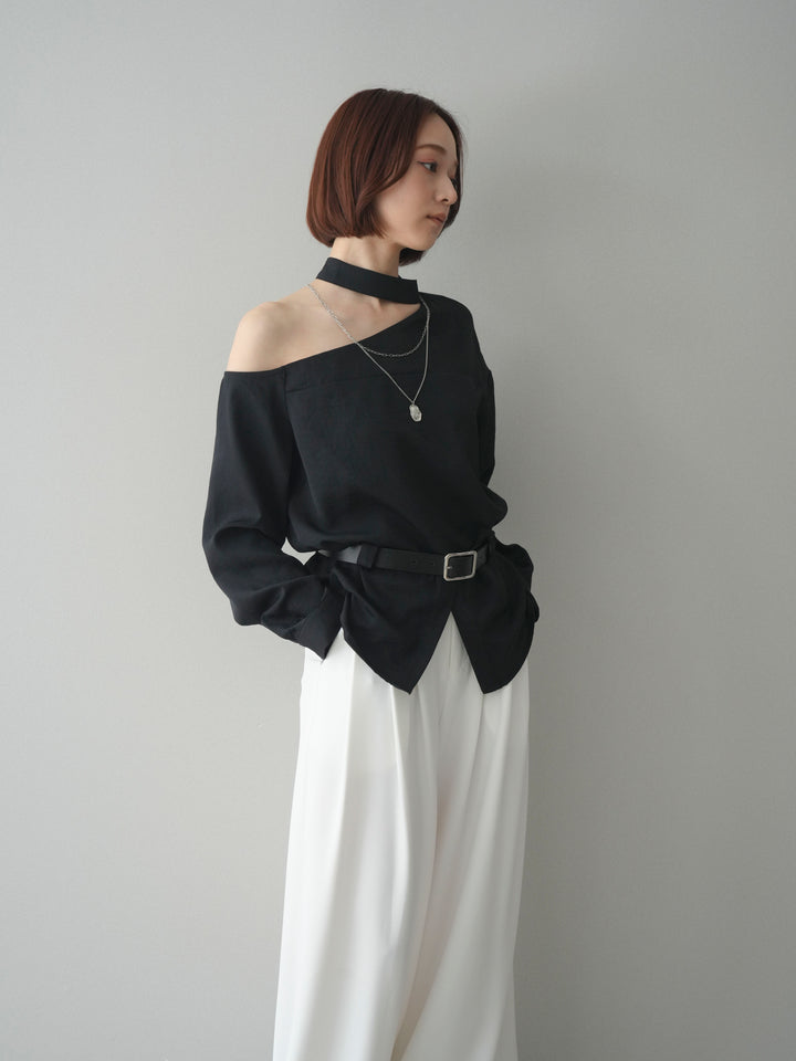 [SET]ベルト付ワンショルダースリットブラウス+編み込みベルト付タックワイドパンツ(2set)