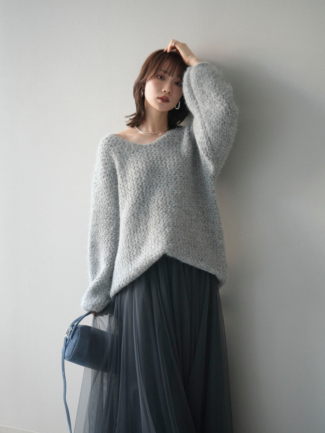 [予約]ウールタッチラメミックスヤーンVネックニットプルオーバー/lightgray