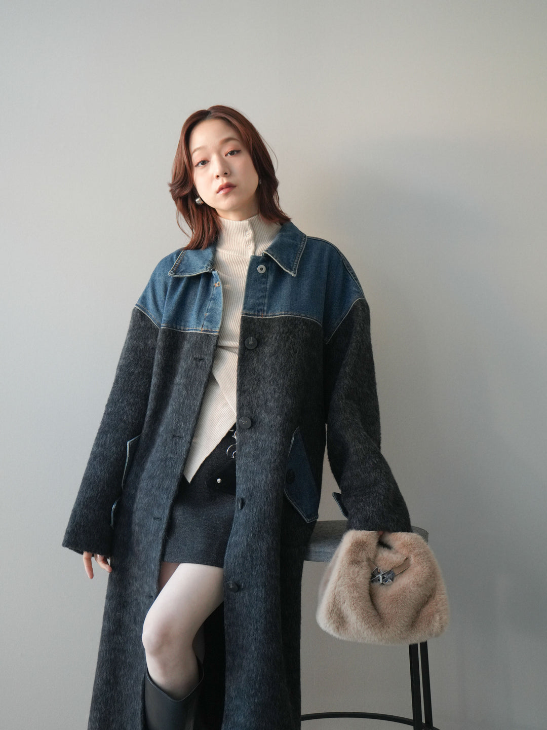 [SET]デニム切替シャギーステンカラーコート+ウールタッチベルト付ミニスカート(2set)