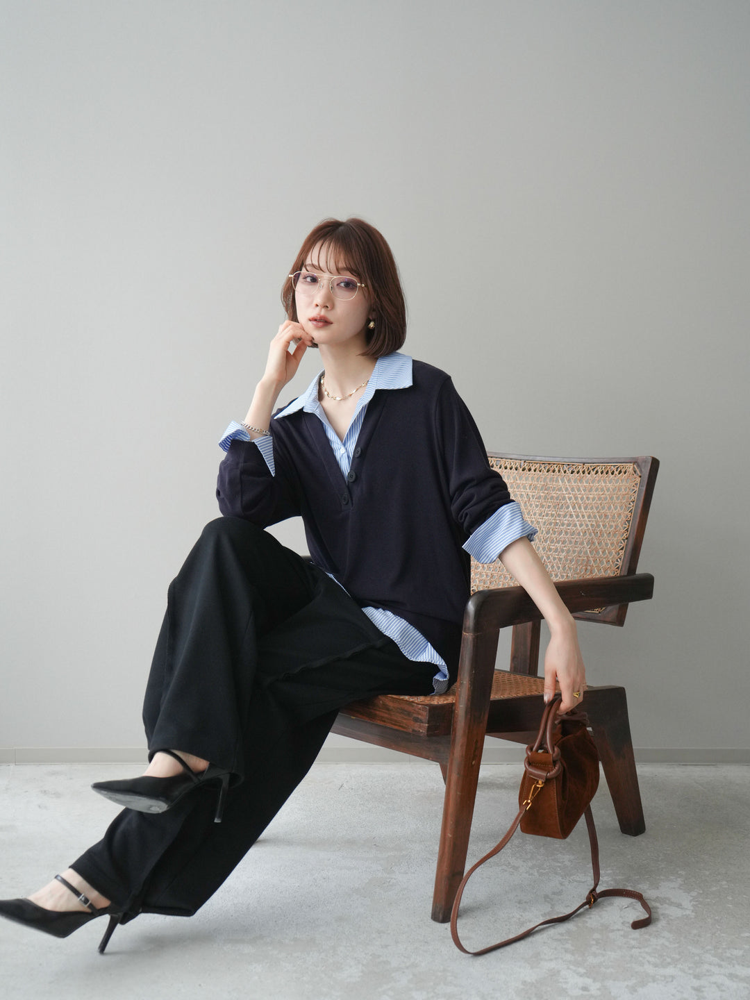 [予約]シャツレイヤードデザインカットプルオーバー/navy