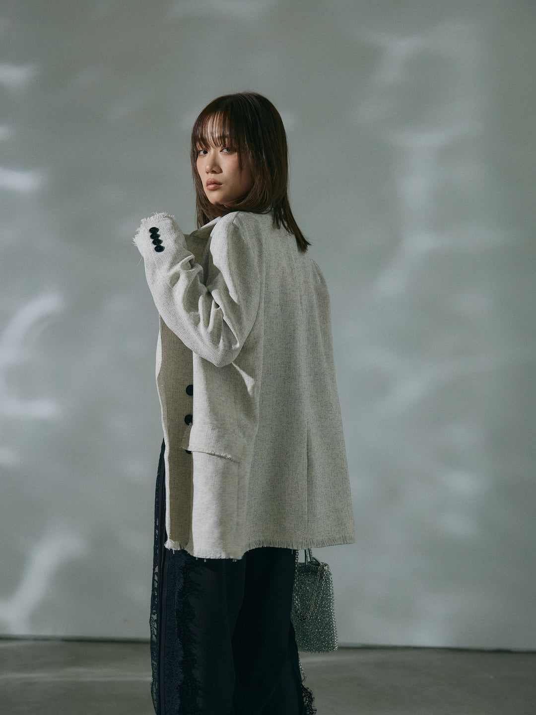 【Allure】[SET]スラブツイードフリンジテーラージャケット+サイドピンタックレースイージーワイドパンツ(2set)