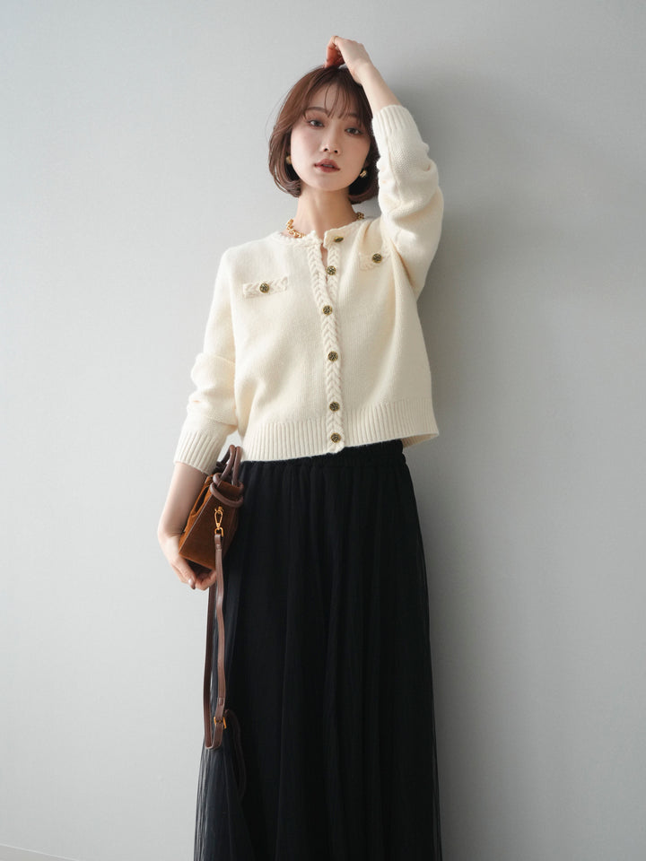 [SET]編みこみアンティークボタンニットカーディガン+チュールストライプボリュームスカート(2set)