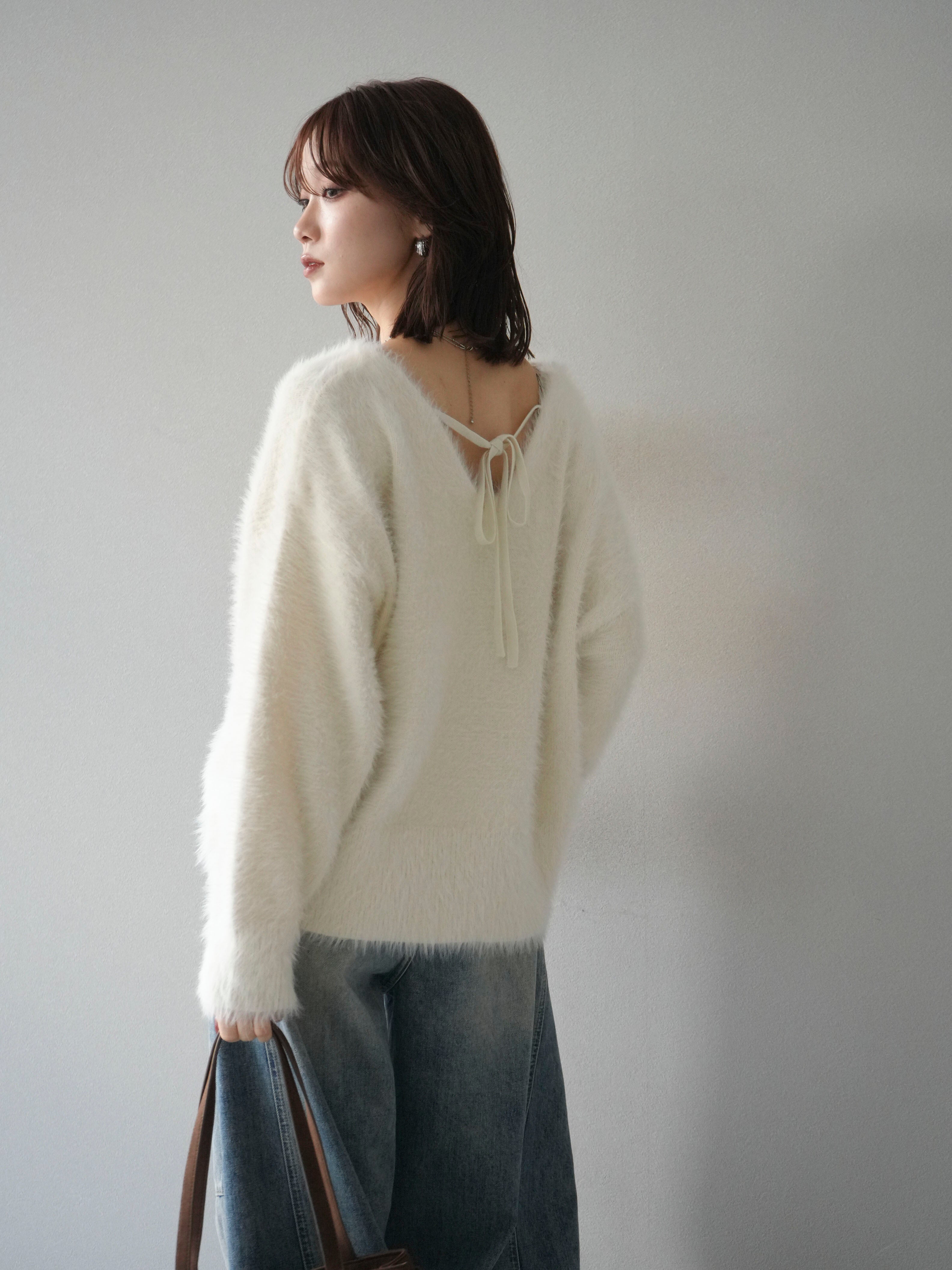 予約]バックリボンVネックシャギーニットプルオーバー/ivory – Lumier