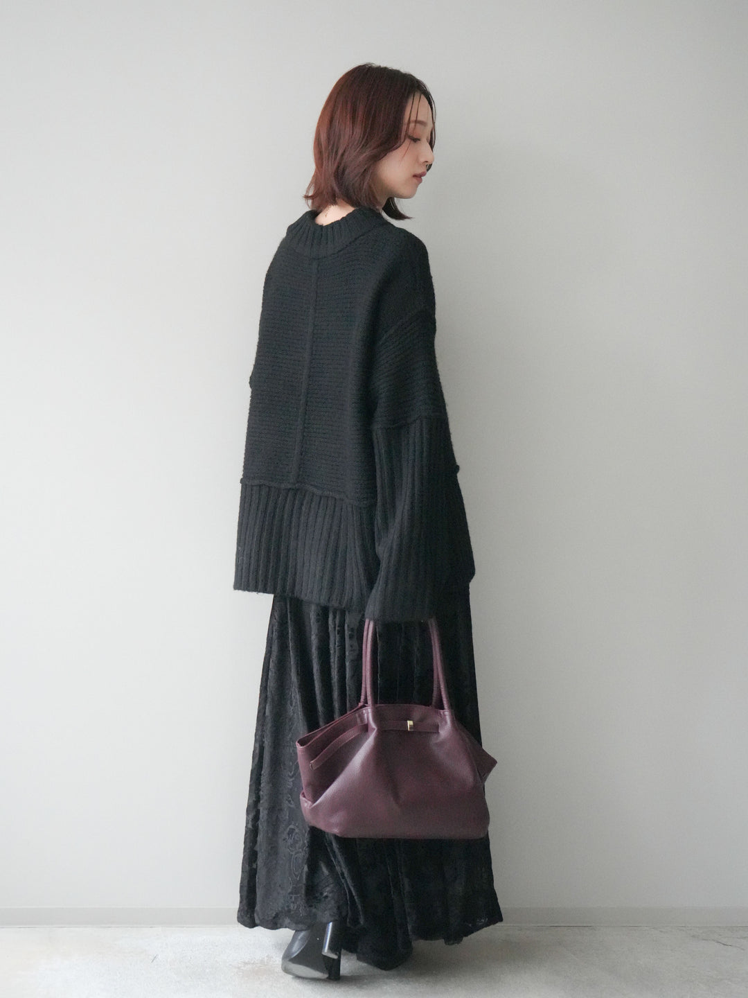 [SET]編み地切替ボトルネックニットプルオーバー+アンティーク柄フロッキーマキシスカート(2set)