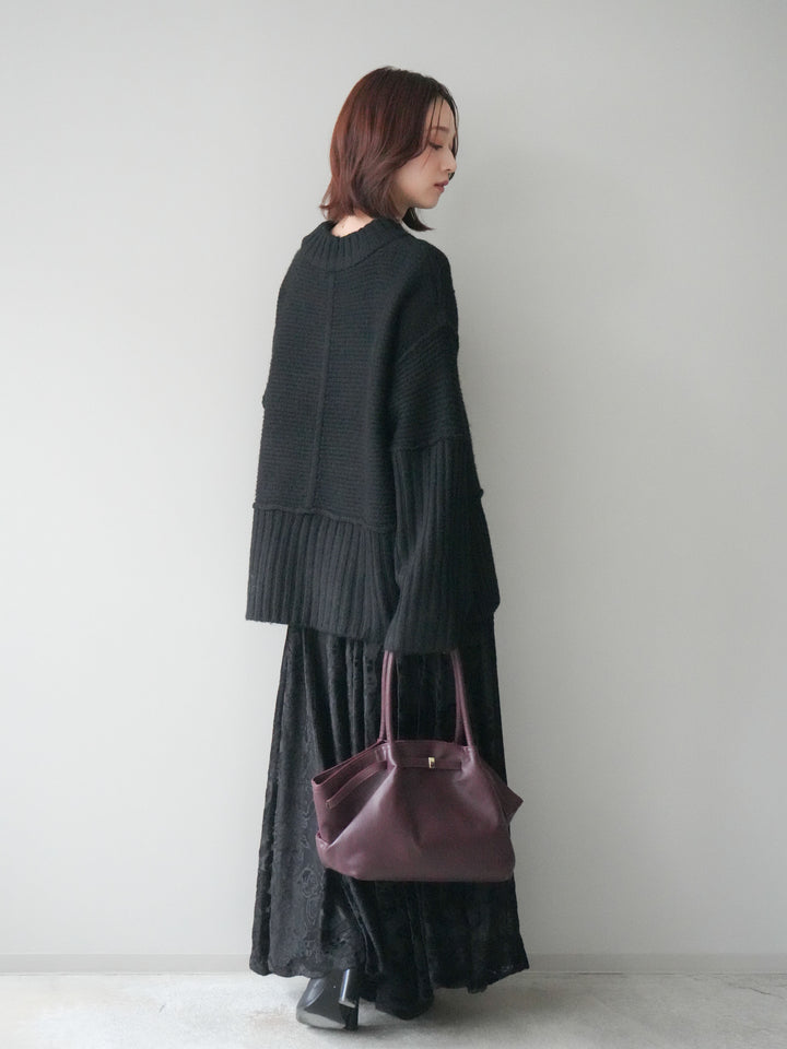 [SET]編み地切替ボトルネックニットプルオーバー+アンティーク柄フロッキーマキシスカート(2set)