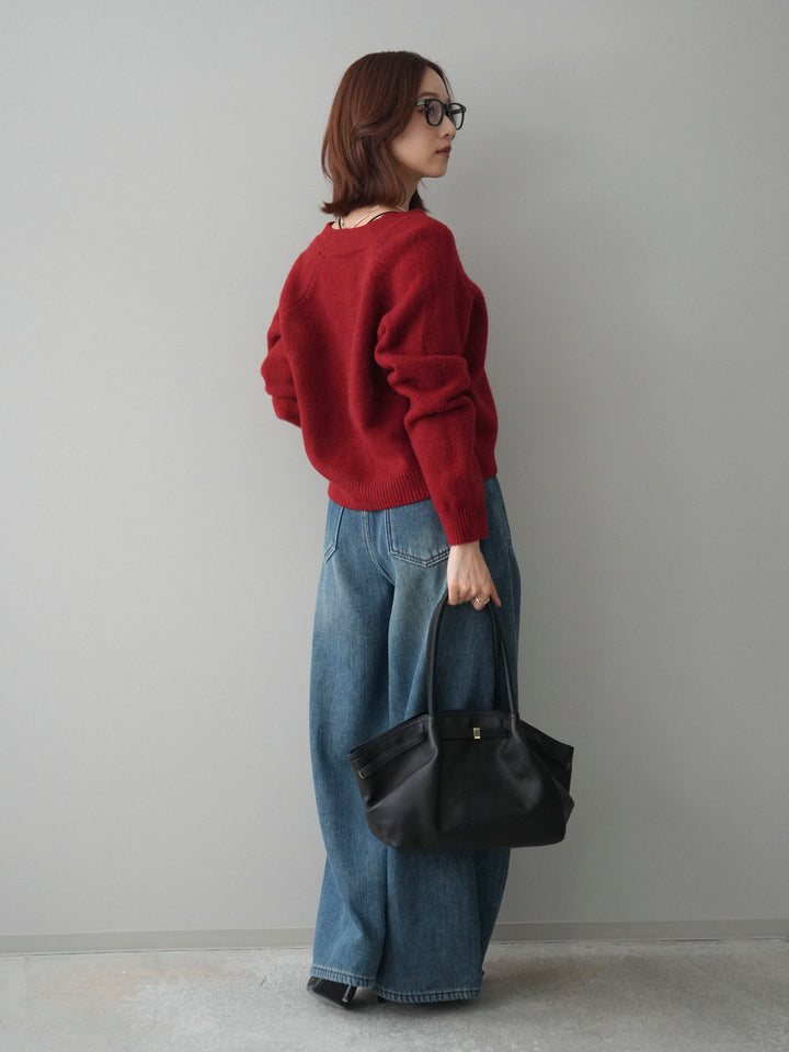 [SET]BIGボタンニットカーディガン+ベルト付裏起毛カーブデニムパンツ(2set)