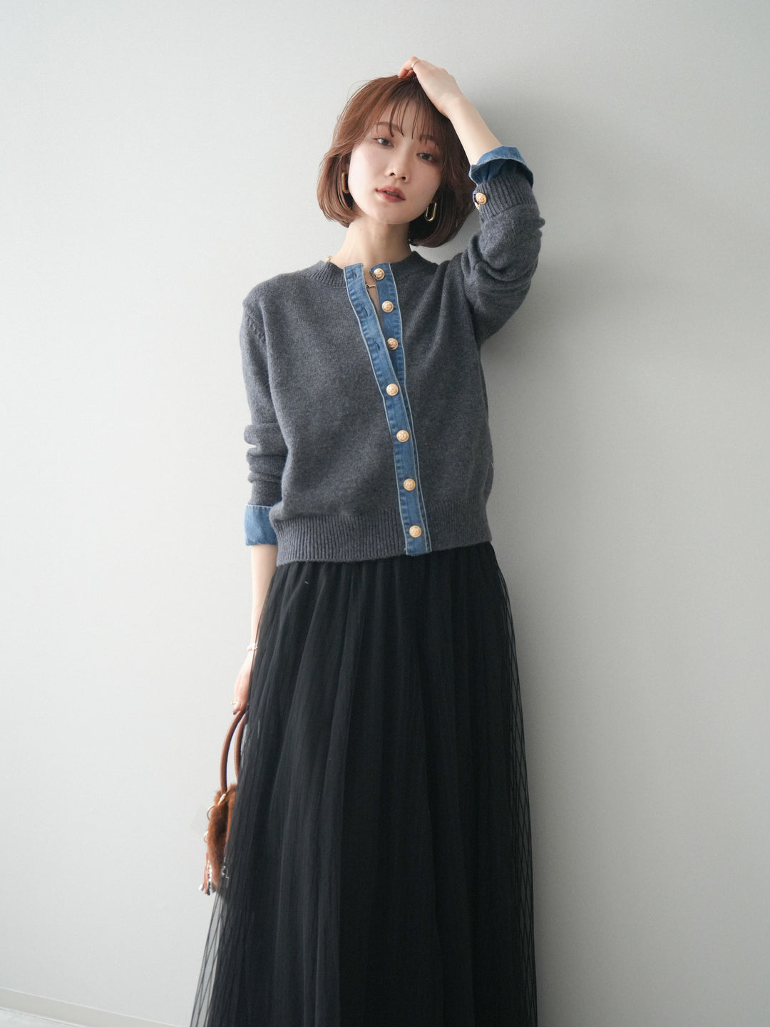 [SET]クルーネックデニムドッキングニットカーディガン+選べるアクセセット(2set)