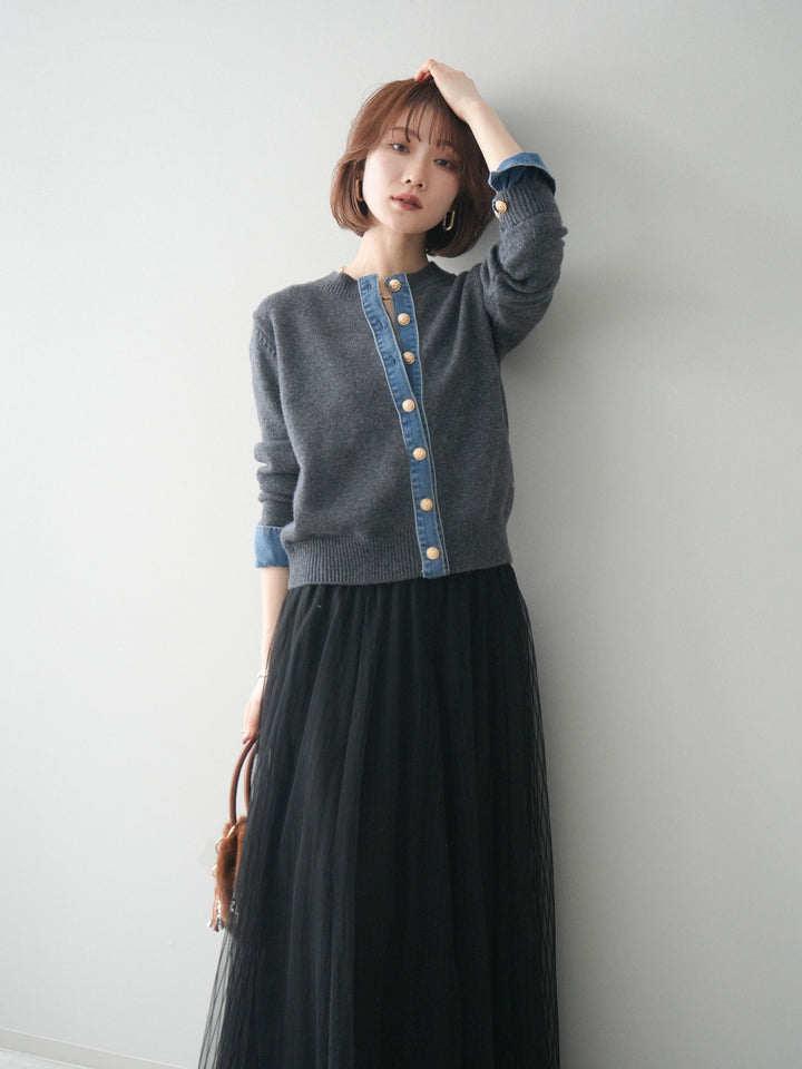[SET]クルーネックデニムドッキングニットカーディガン+選べるアクセセット(2set)