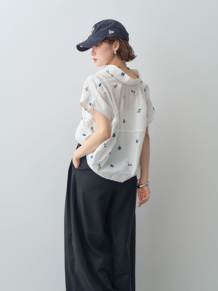 【套裝】花卉刺繡燈籠無袖襯衫+腰帶設計環扣闊腿褲（兩件套）