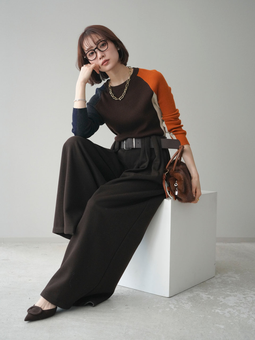 [SET]バイカラーラグランニットトップス+ベルトデザインループウールワイドパンツ(ベルト付)(2set)