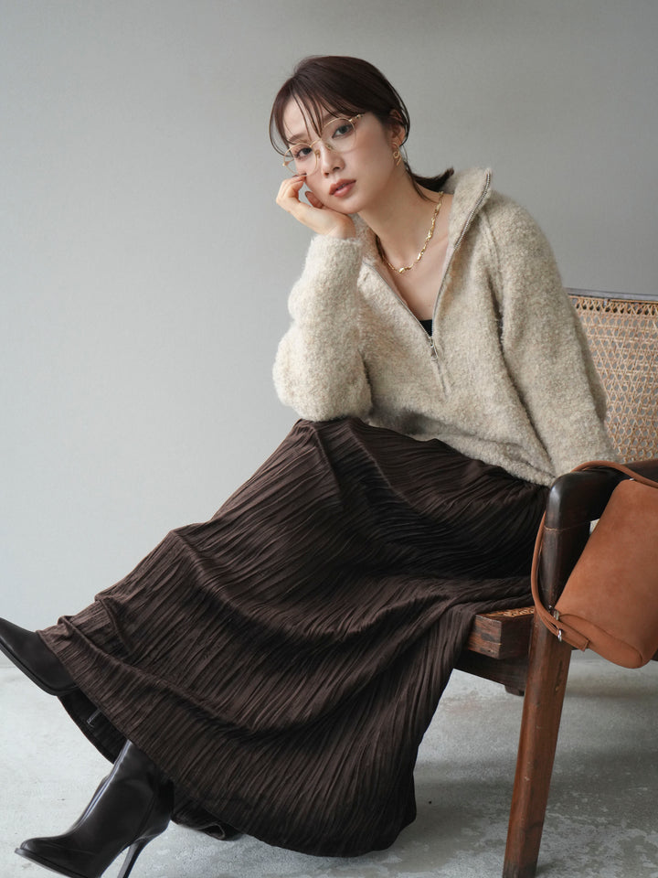 [予約]スタンドジップMIXブークレニットプルオーバー/beige